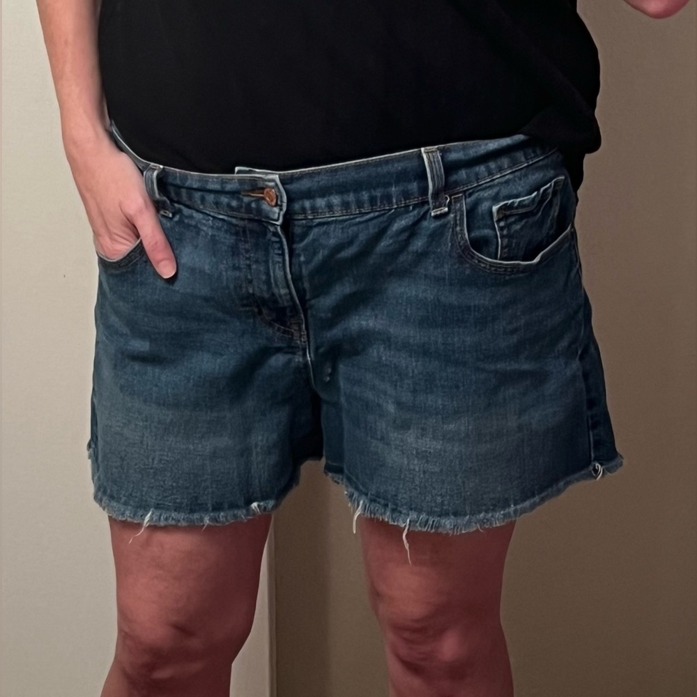 Old Navy 16 distressed, medium to dark wash shorts.